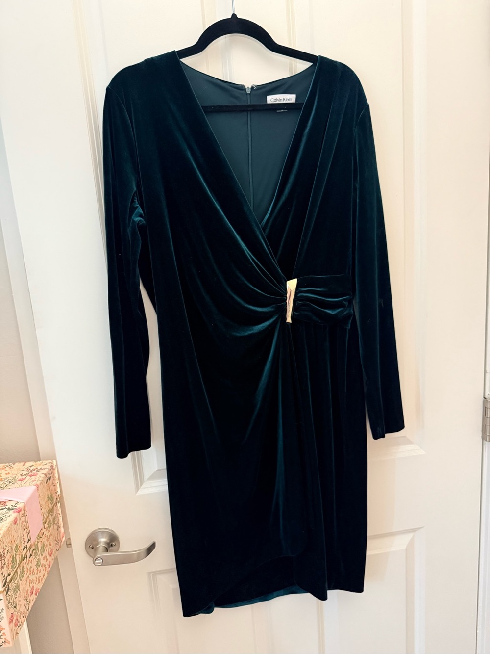 Calvin Klein Deep Emerald Velvet Wrap-Style Long Sleeve Dress